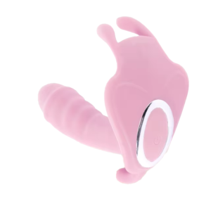 Wearable strap-on vibrator for women—a G-spot toy suitable for lesbians and couples. This pink, butterfly-shaped adult toy is designed for stimulating the G-spot, clitoris, and nipples.