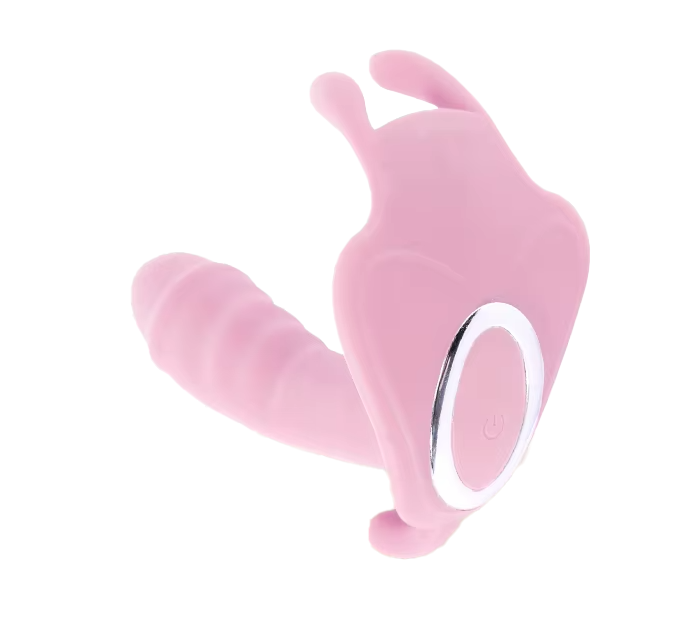 Wearable strap-on vibrator for women—a G-spot toy suitable for lesbians and couples. This pink, butterfly-shaped adult toy is designed for stimulating the G-spot, clitoris, and nipples.