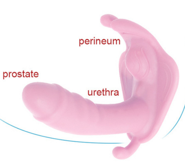 Wearable strap-on vibrator for women—a G-spot toy suitable for lesbians and couples. This pink, butterfly-shaped adult toy is designed for stimulating the G-spot, clitoris, and nipples. - Image 5
